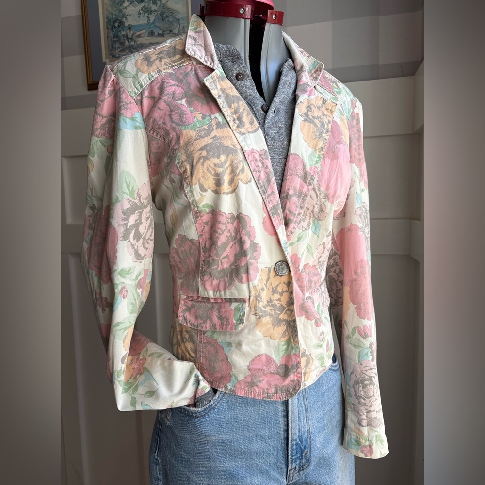 Boho Western Pastel Floral Cotton Blazer Jacket - Pink Multi Medium Cottagecore